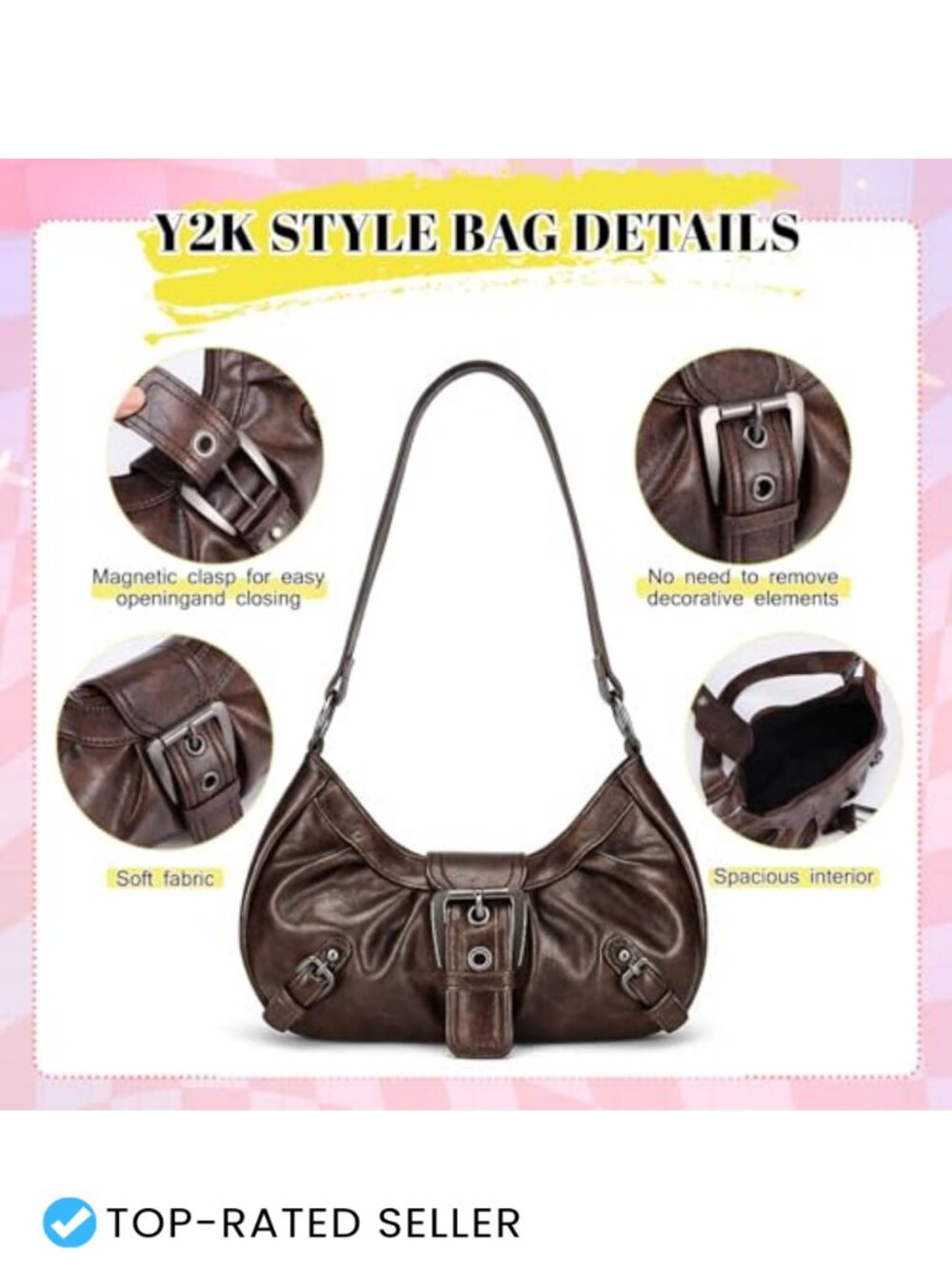Y2K Faux Leather Buckle Hobo Shoulder Bag Small Purse - Picture 4 of 6